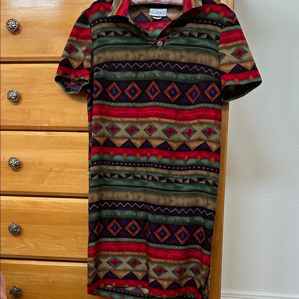 K.C. Spencer Multicolor Southwestern Print Polo Dress - Red & Green